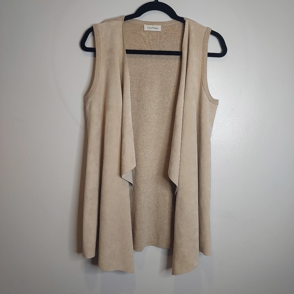 Calvin Klein Faux Suede Sweater Open Waterfall Draped Vest - Picture 2 of 9